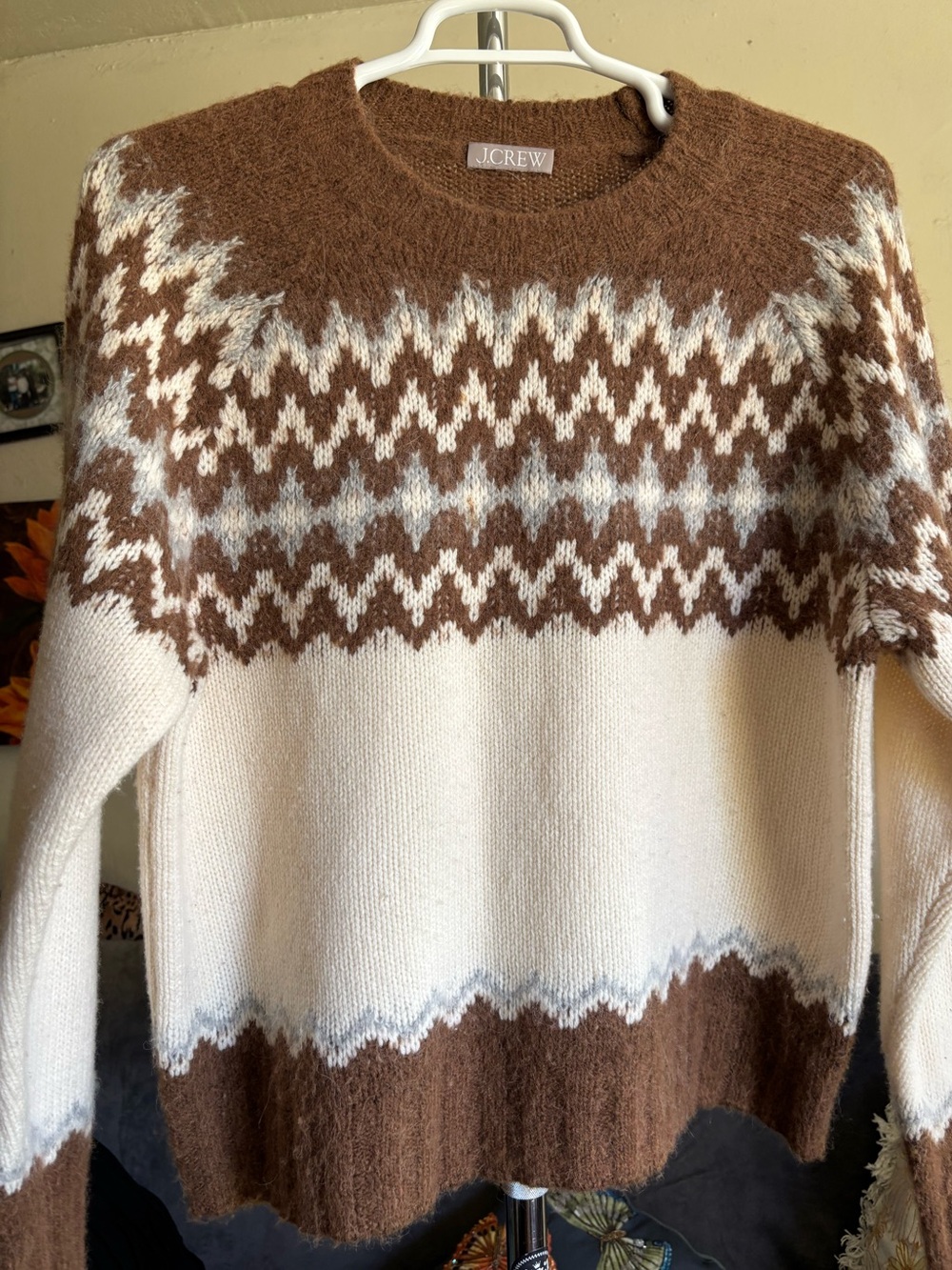 J.Crew Neutral Quiet Luxury Fair Isle Alpaca Lambswool Wool Crewneck Sweater L